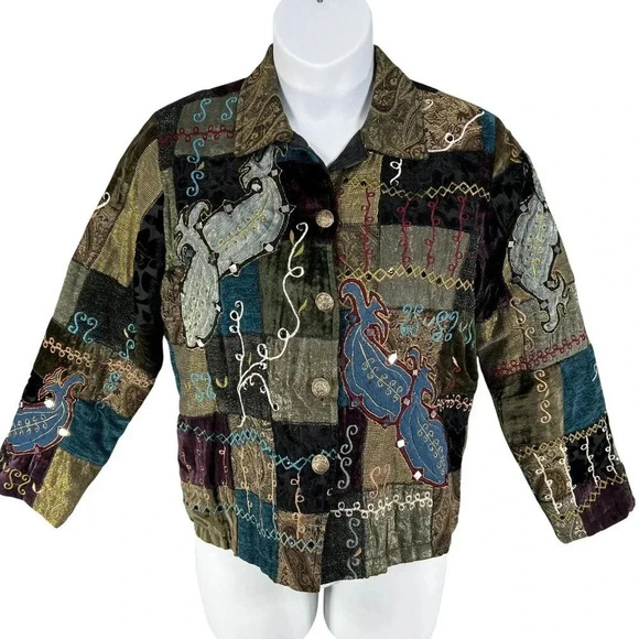 Vintage Alex Kim Womens M Patchwork Velvet Jacket Art To Wear Embroidered BOHO - Picture 10 of 16